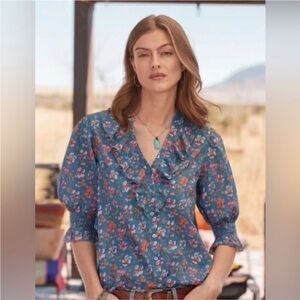 Sundance 100% Cotton Jeanie Ruffle Trim Blue Floral Blouse